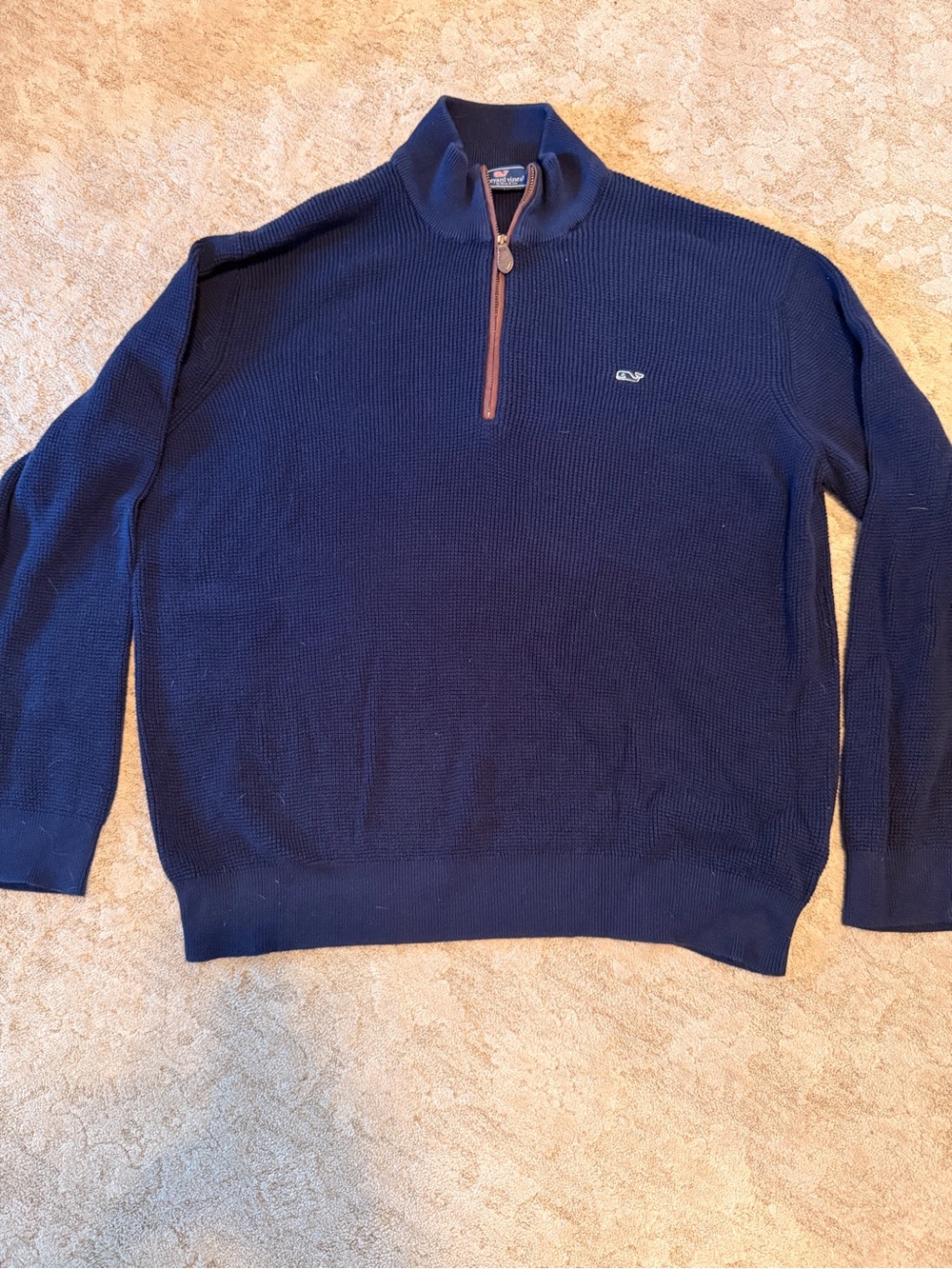 Vineyard Vines Navy Quarter Zip Waffle Knit Sweater with Leather Trim